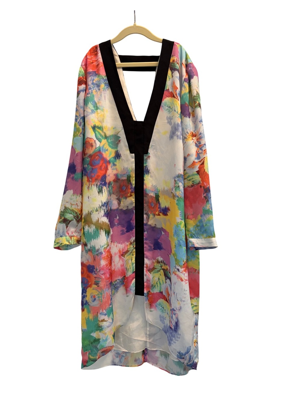 mason Silk-Trim Watercolor Floral Kimono Duster — Sz 4